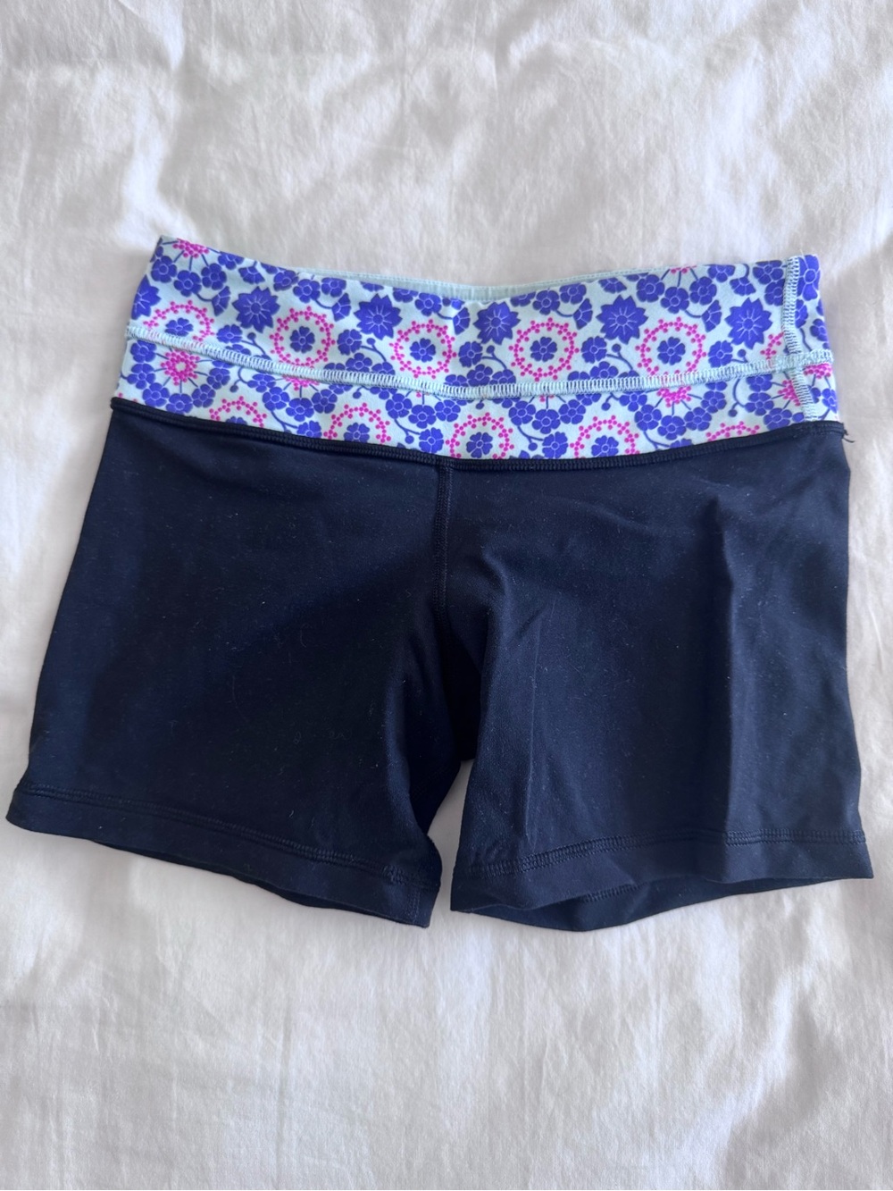 lululemon athletica Black Bike Shorts with Blue and Pink Floral Waistband